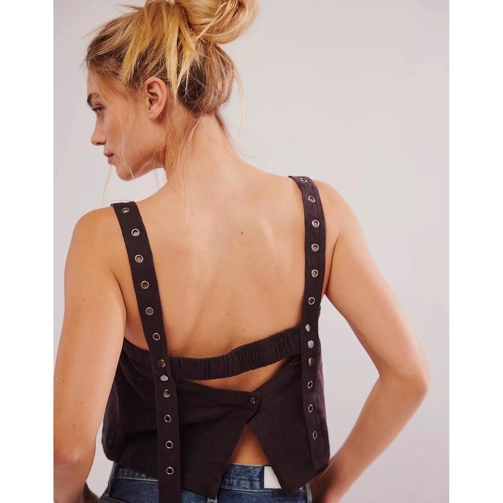 Free People Grommet Strap Crop Top Linen Blend Snap Back Camisole Medium
